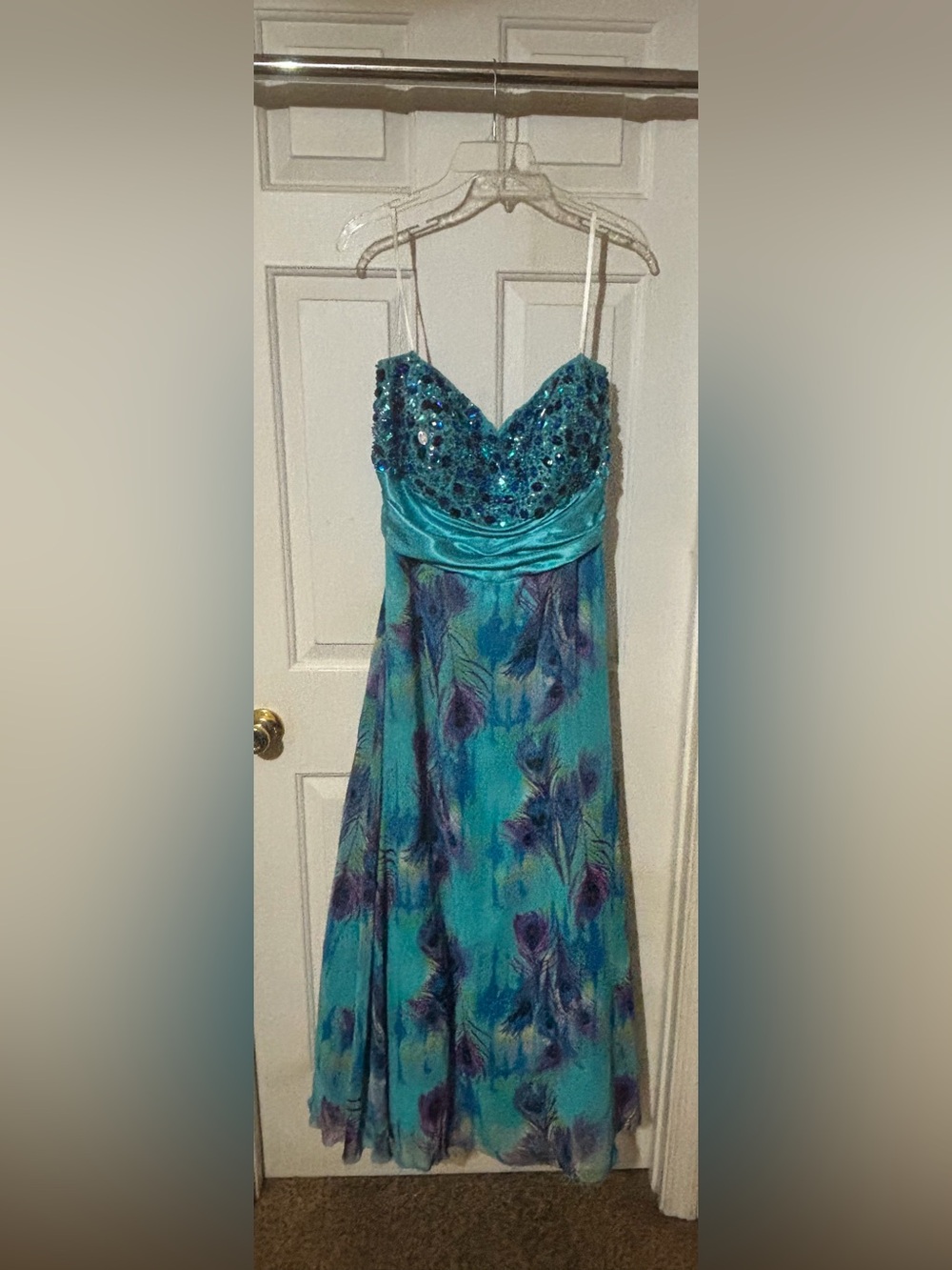Turquoise Strapless Beaded Gown with Purple Accents